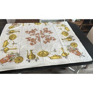 Vintage Tablecloth Colonial Teapot Pitcher Mid Century Yellow Orange 48" Square